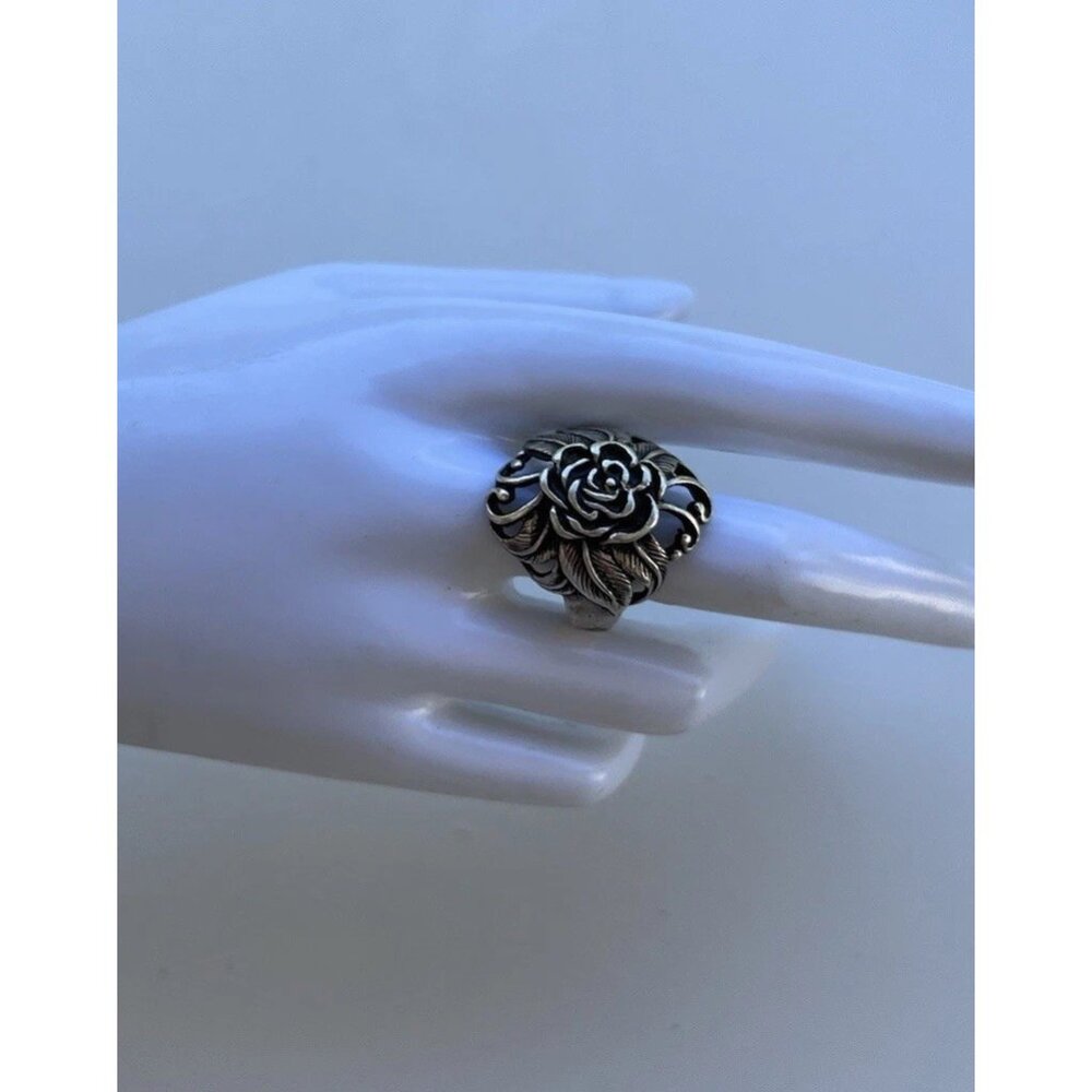 Vintage 925 Sterling Silver Carved Rose Flower Ring size 10 Signed Stamped